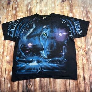 Vintage Liquid Blue Shirt Large All Over Print Aop Art Tee Wolf Nature Animal 2X